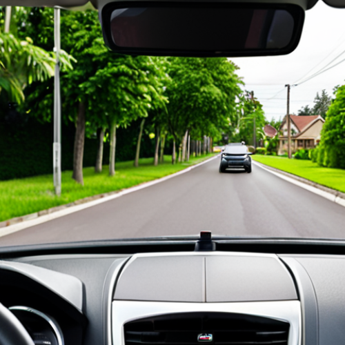 Home 11 **A hybrid car dashboard with a coffee cup sitting on it, illustrating gentle driving habits. The background shows a suburban street with houses and green trees.** This visualizes the analogy of the coffee cup on the dashboard to promote smooth acceleration and braking.