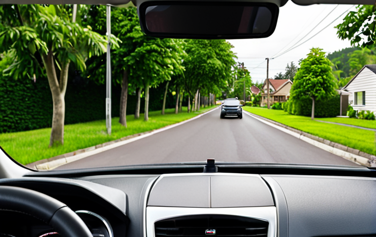 **A hybrid car dashboard with a coffee cup sitting on it, illustrating gentle driving habits. The background shows a suburban street with houses and green trees.** This visualizes the analogy of the coffee cup on the dashboard to promote smooth acceleration and braking.