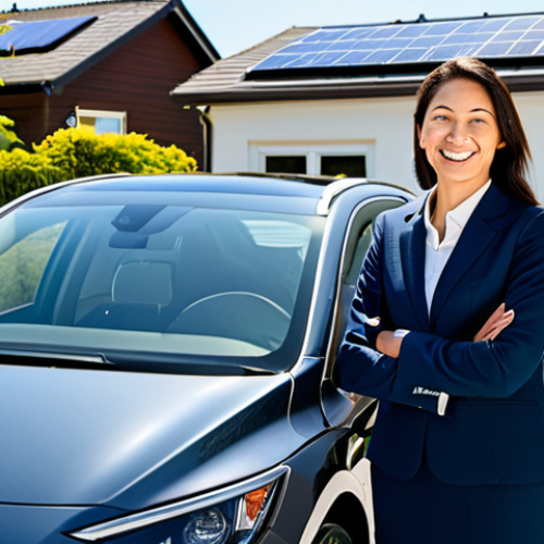 Home 18 **
"A professional businesswoman in a fully clothed, modest business suit smiles confidently while standing next to a sleek, modern hybrid car. The car is parked in front of a suburban home with solar panels on the roof. The scene is bright and sunny, showcasing an environmentally conscious lifestyle. Safe for work, appropriate content, perfect anatomy, correct proportions, well-formed hands, natural pose, professional photography, high quality, family-friendly."
**