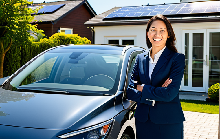 **

"A professional businesswoman in a fully clothed, modest business suit smiles confidently while standing next to a sleek, modern hybrid car. The car is parked in front of a suburban home with solar panels on the roof. The scene is bright and sunny, showcasing an environmentally conscious lifestyle. Safe for work, appropriate content, perfect anatomy, correct proportions, well-formed hands, natural pose, professional photography, high quality, family-friendly."

**