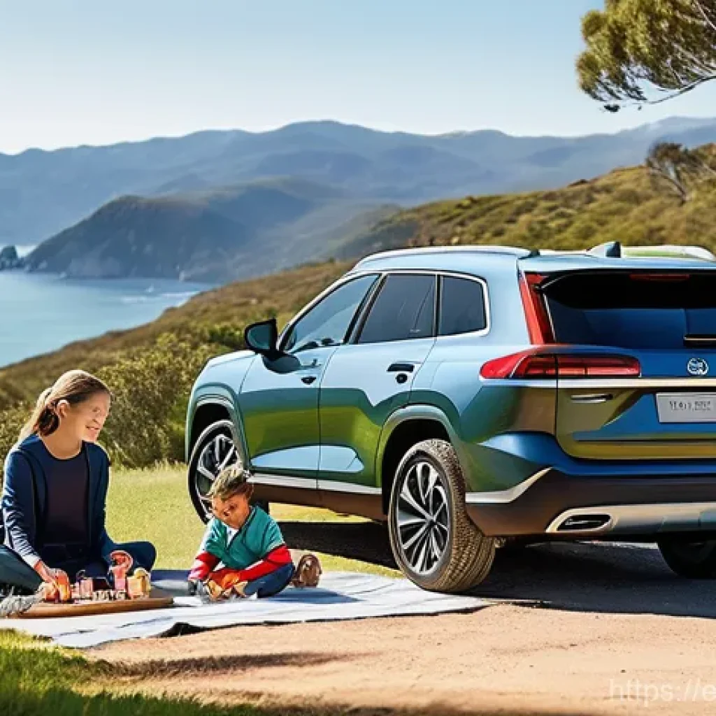 하이브리드 차량의 광고 및 마케팅 전략 - **Prompt:** "A vibrant, diverse family of four – a mother, father, and two children (approx. 8 and 1...