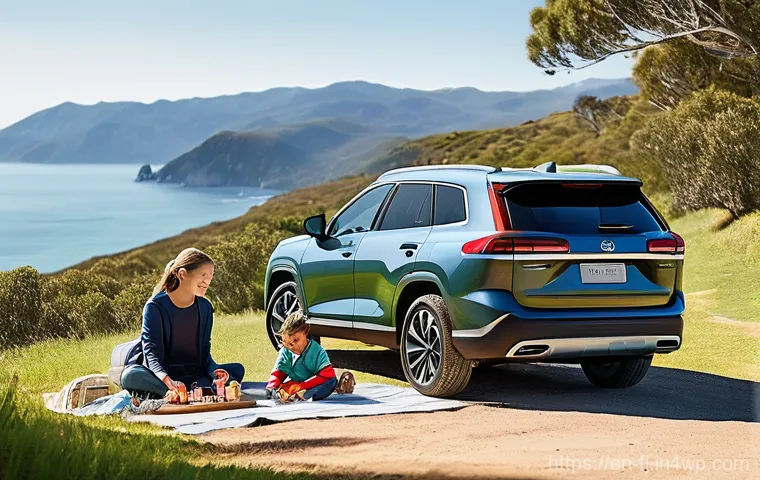 하이브리드 차량의 광고 및 마케팅 전략 - **Prompt:** "A vibrant, diverse family of four – a mother, father, and two children (approx. 8 and 1...