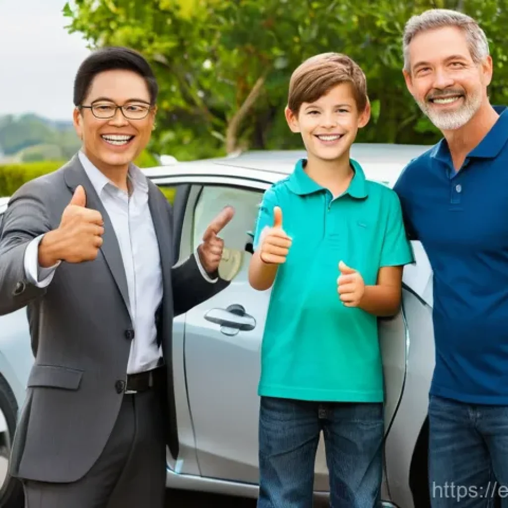 하이브리드 차량의 중고 시장 동향 - **Prompt:** A diverse, modern family (father, mother, and two children aged 8-12, all casually dress...