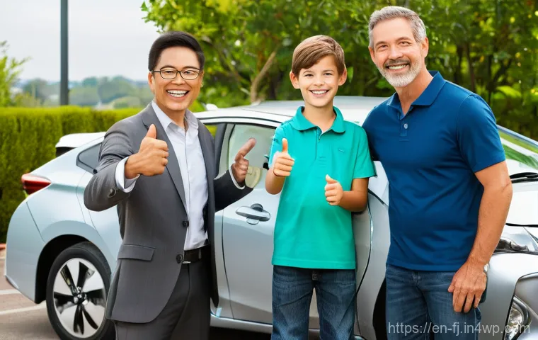 하이브리드 차량의 중고 시장 동향 - **Prompt:** A diverse, modern family (father, mother, and two children aged 8-12, all casually dress...