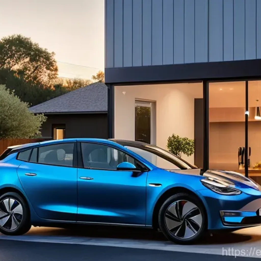 하이브리드 차량의 충전 시간 측정 방법 - **Prompt:** A serene, wide shot of a modern, two-car garage at dusk, with a sleek, metallic blue plu...