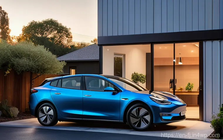 하이브리드 차량의 충전 시간 측정 방법 - **Prompt:** A serene, wide shot of a modern, two-car garage at dusk, with a sleek, metallic blue plu...