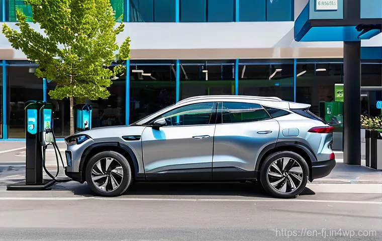 하이브리드 차량의 충전 시간 측정 방법 - **Prompt:** A serene, wide shot of a modern, two-car garage at dusk, with a sleek, metallic blue plu...