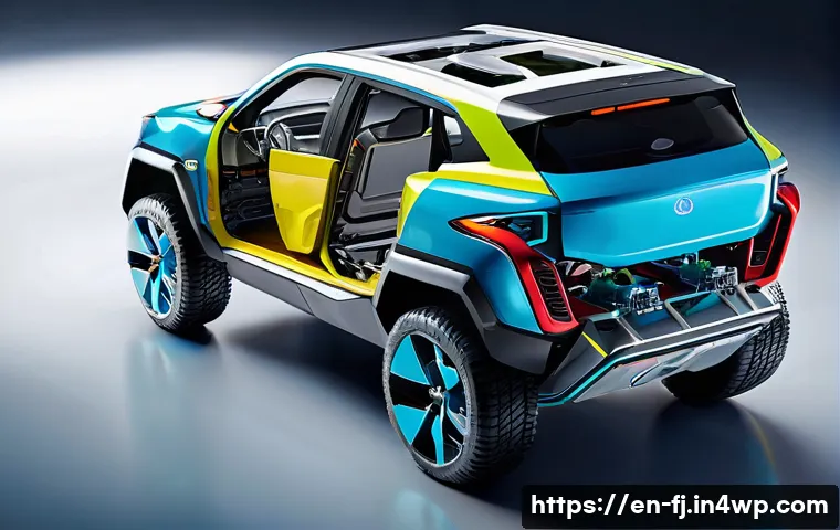 하이브리드 차량의 차체 구조와 안전성 - **Prompt:** "A highly detailed cutaway render of a modern hybrid SUV chassis, viewed from a slightly...