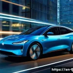 하이브리드 차량의 기술적 장점 - A sleek hybrid car driving smoothly through a modern cityscape at dusk, showcasing the seamless tran...