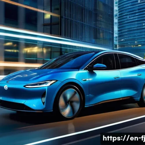 하이브리드 차량의 기술적 장점 - A sleek hybrid car driving smoothly through a modern cityscape at dusk, showcasing the seamless tran...