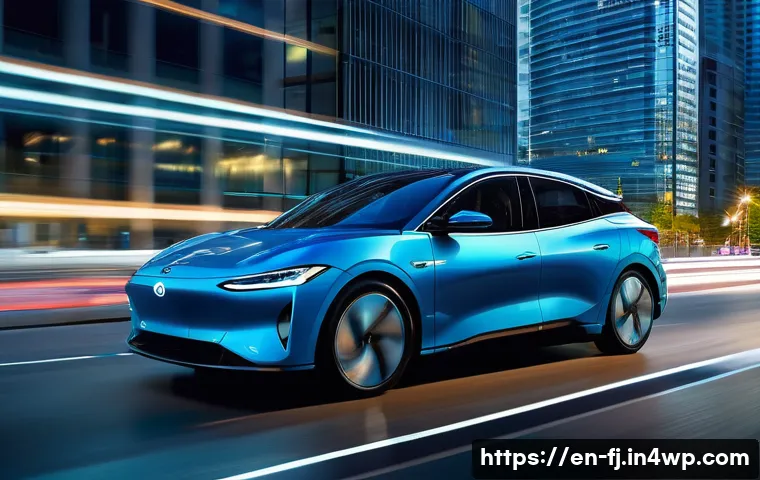 하이브리드 차량의 기술적 장점 - A sleek hybrid car driving smoothly through a modern cityscape at dusk, showcasing the seamless tran...