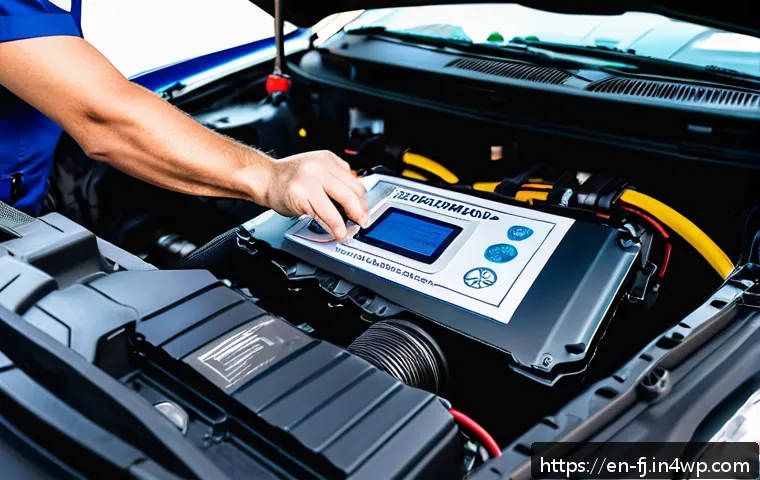 하이브리드 차량의 리콜 이슈와 대처 방법 - A detailed close-up of a hybrid vehicle's battery pack inside the engine compartment, showing comple...