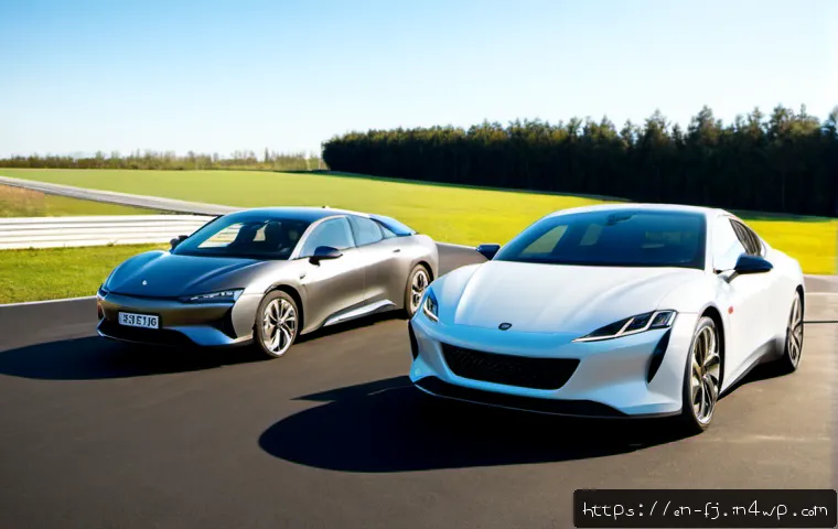 하이브리드 차량의 성능 비교 분석 - Photorealistic automotive comparison scene, three unbranded hybrid vehicles in different body styles...