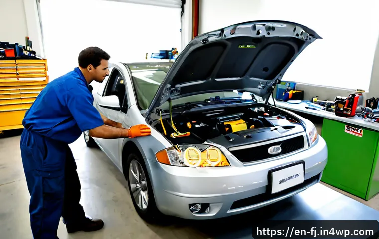 하이브리드 차량 배터리 교체 비용 - Photorealistic auto repair shop scene, a hybrid vehicle with its rear hatch open while a certified m...